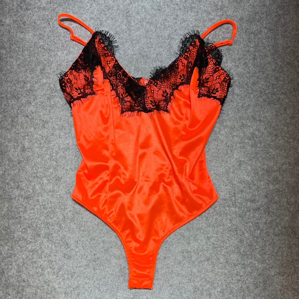 Fashion Nova Neon Orange Satin Black Eyelash Lace Trim Thong Bodysuit Medium